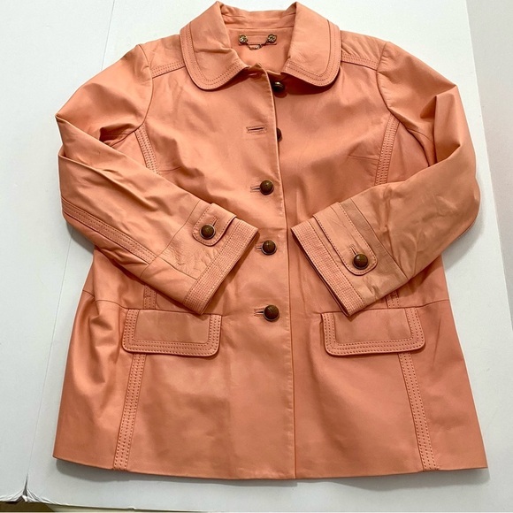 Tory Burch Peach Pink Soft Leather Jacket Sz Large Button Up Pockets Neutral - Picture 7 of 15